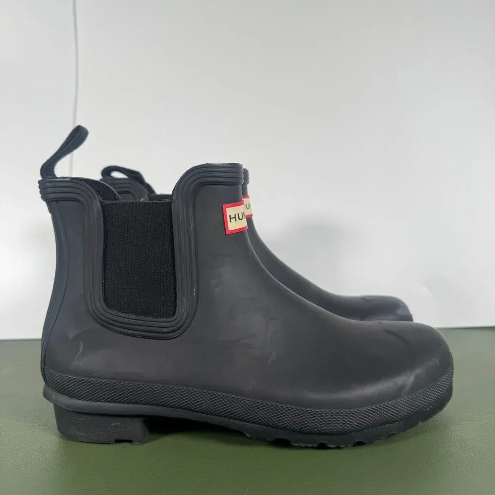 Hunter Black Ankle Rain Boots Rubber Waterproof Pull On Logo Women's Size 8